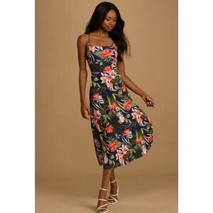 Lulus The Perfect Getaway Navy blue floral print tie-back midi dress